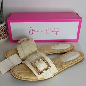 Jessica Carlyle Cream Flat Sandals Big Buckle Single Band Avero White NWT Chic